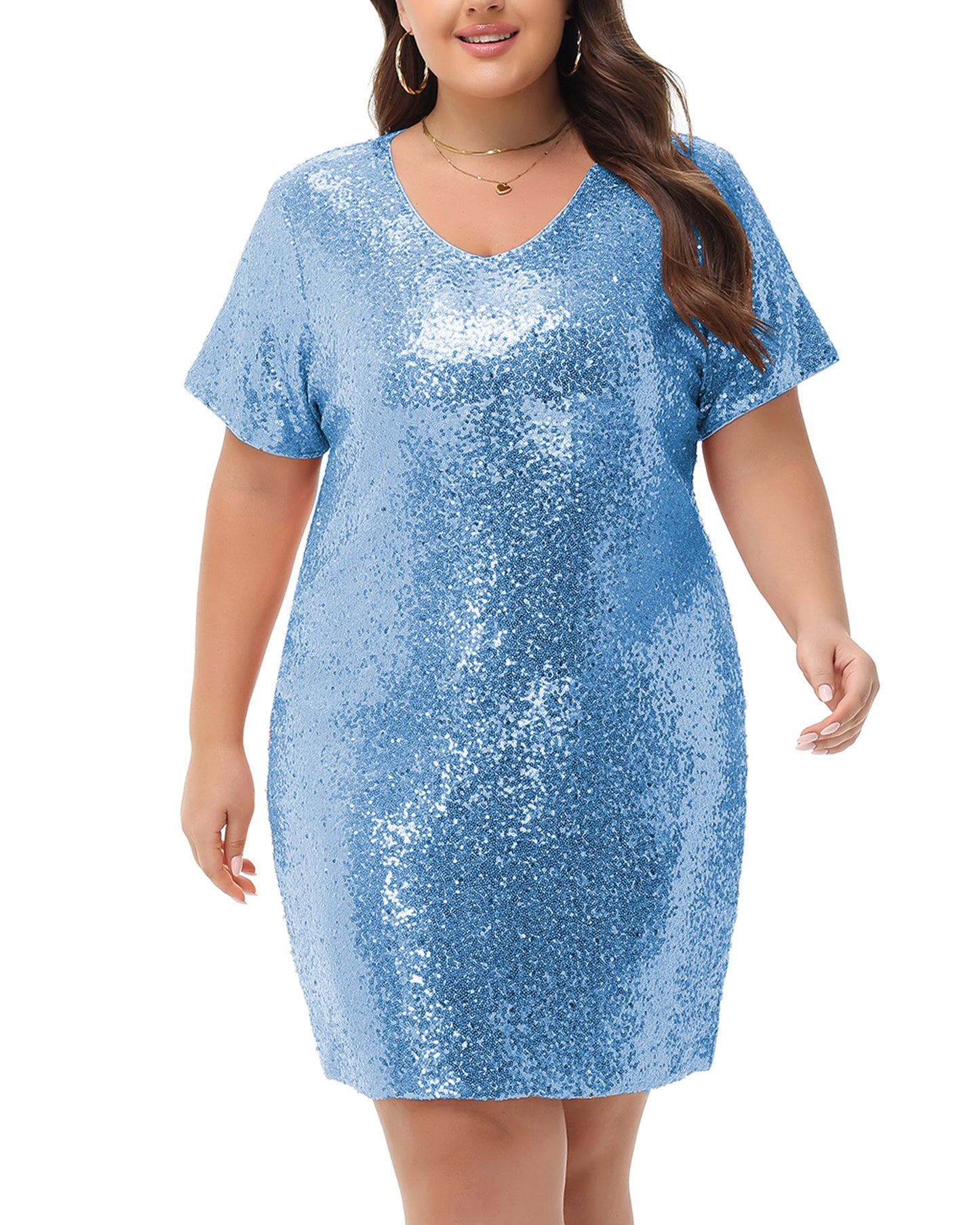 Anna-Kaci Womens Plus Size Short Sleeve Sequin Dresses V Neck T Shirt Shift Sparkle Dress