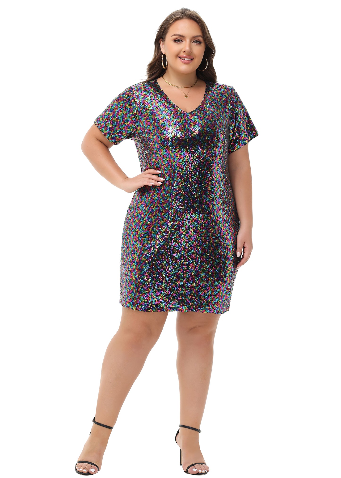 Anna-Kaci Womens Plus Size Short Sleeve Sequin Dresses V Neck T Shirt Shift Sparkle Dress
