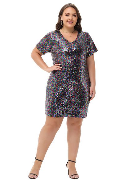 Anna-Kaci Womens Plus Size Short Sleeve Sequin Dresses V Neck T Shirt Shift Sparkle Dress