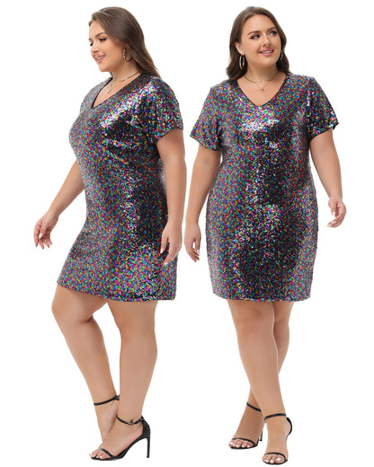 Anna-Kaci Womens Plus Size Short Sleeve Sequin Dresses V Neck T Shirt Shift Sparkle Dress