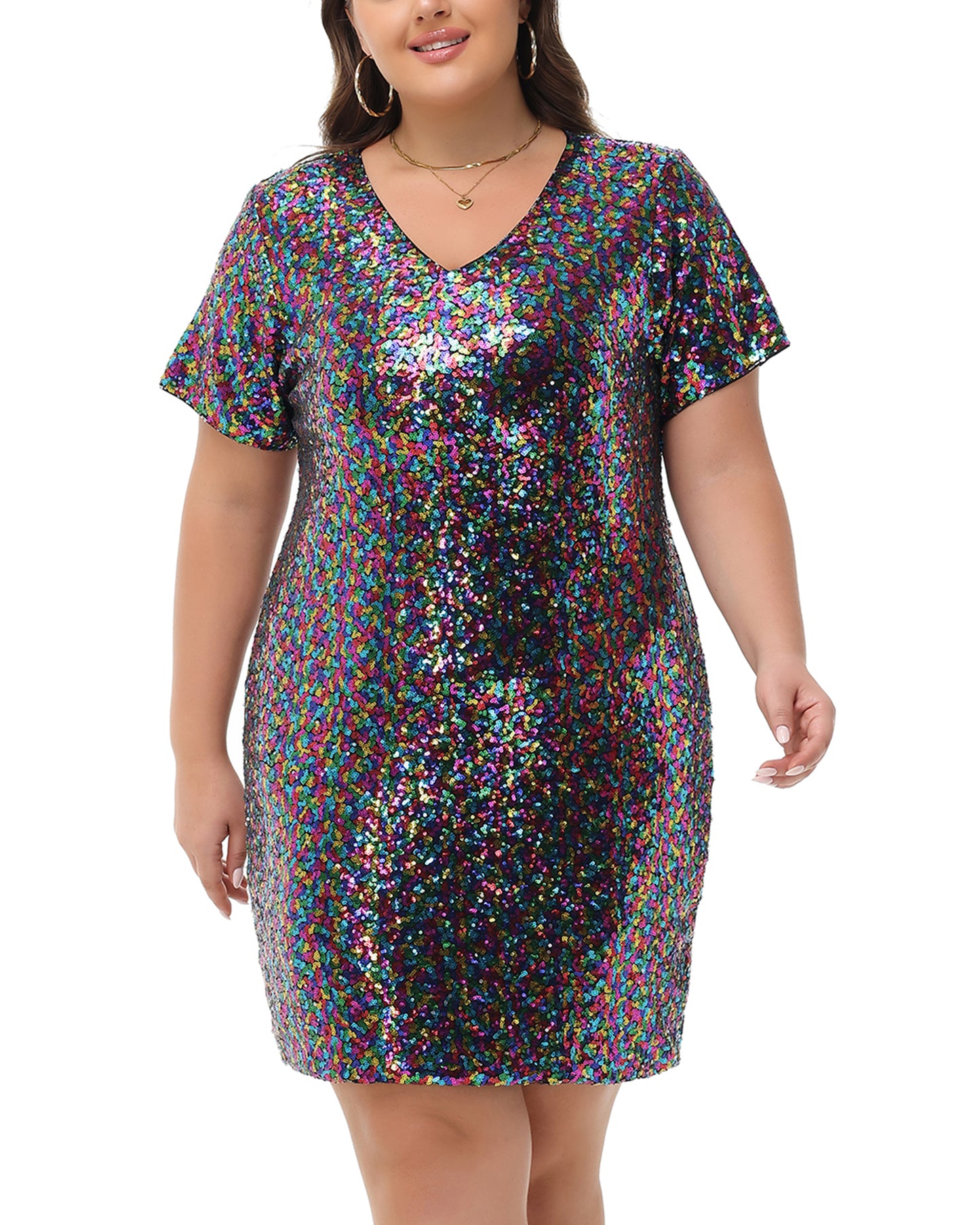 Anna-Kaci Womens Plus Size Short Sleeve Sequin Dresses V Neck T Shirt Shift Sparkle Dress