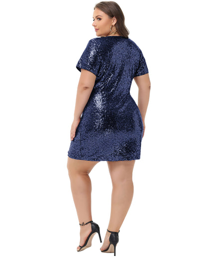 Anna-Kaci Womens Plus Size Short Sleeve Sequin Dresses V Neck T Shirt Shift Sparkle Dress