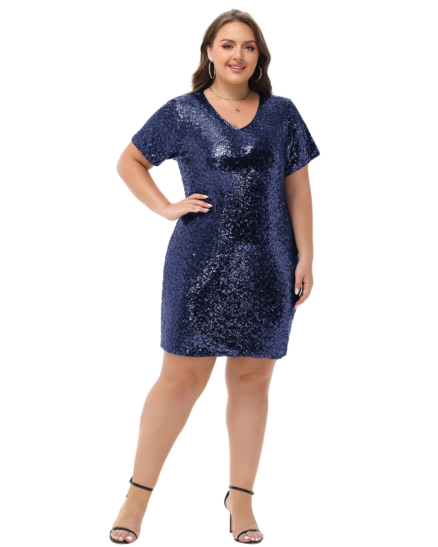 Anna-Kaci Womens Plus Size Short Sleeve Sequin Dresses V Neck T Shirt Shift Sparkle Dress
