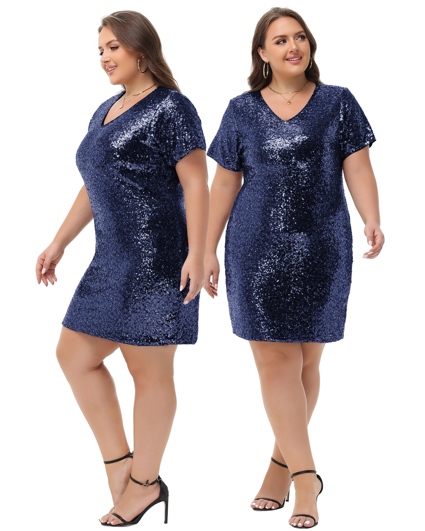 Anna-Kaci Womens Plus Size Short Sleeve Sequin Dresses V Neck T Shirt Shift Sparkle Dress