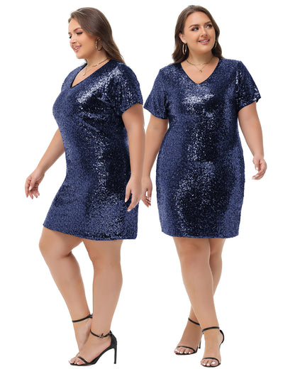 Anna-Kaci Womens Plus Size Short Sleeve Sequin Dresses V Neck T Shirt Shift Sparkle Dress