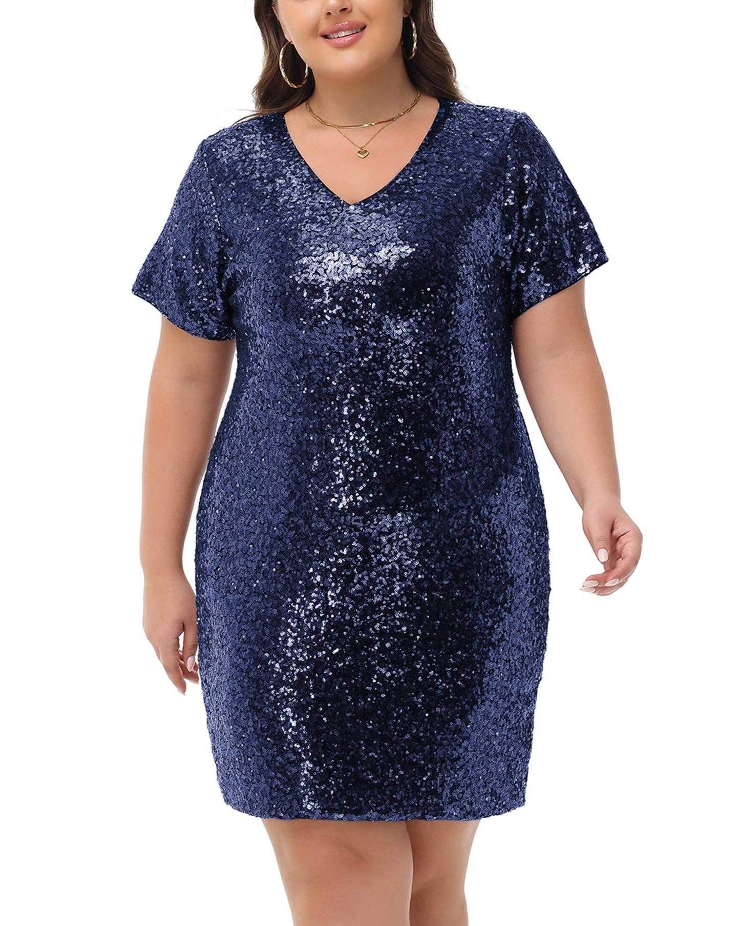 Anna-Kaci Womens Plus Size Short Sleeve Sequin Dresses V Neck T Shirt Shift Sparkle Dress
