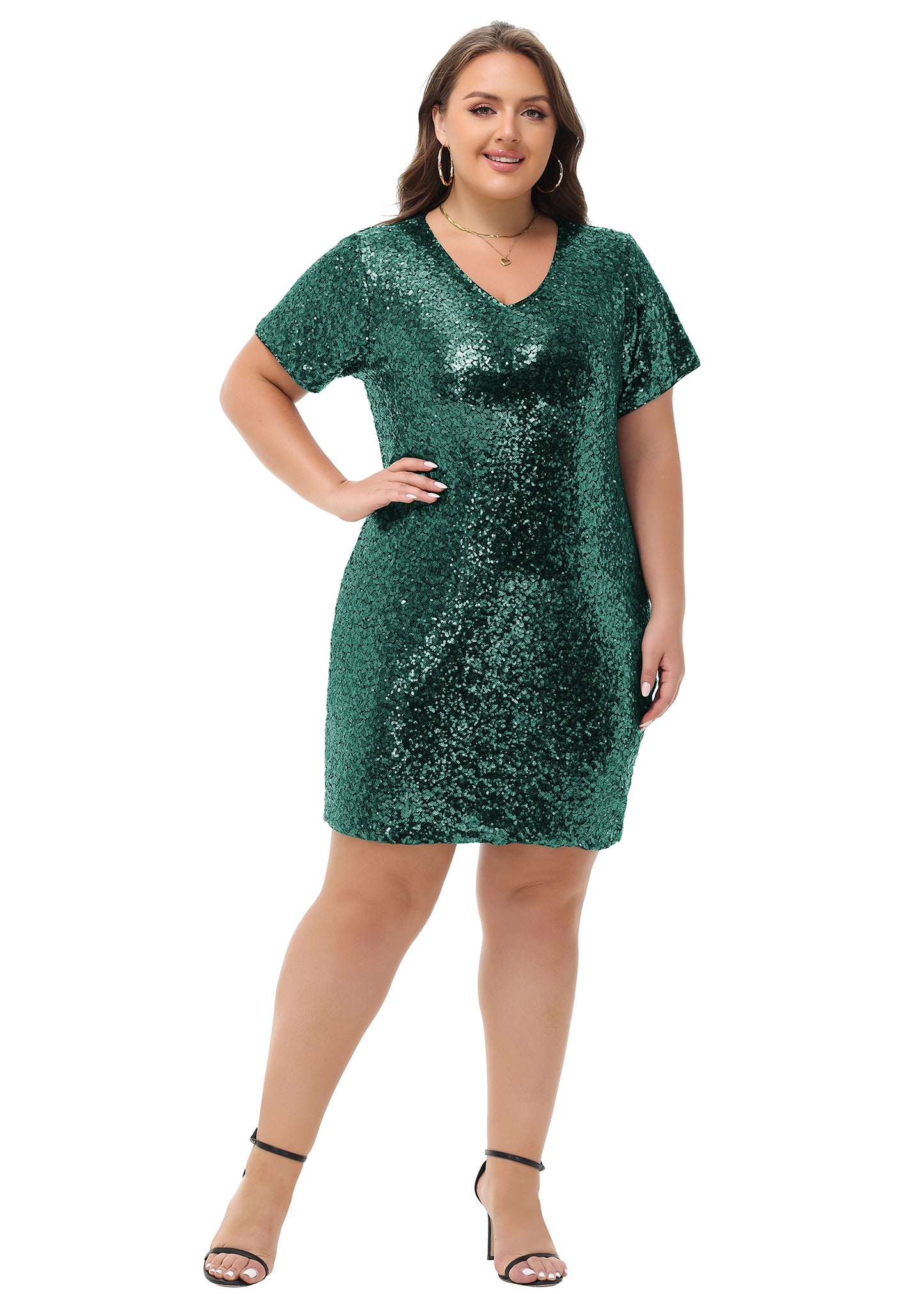 Anna-Kaci Womens Plus Size Short Sleeve Sequin Dresses V Neck T Shirt Shift Sparkle Dress