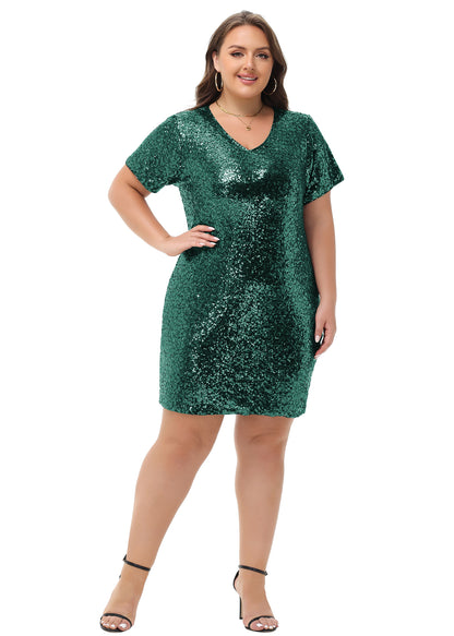 Anna-Kaci Womens Plus Size Short Sleeve Sequin Dresses V Neck T Shirt Shift Sparkle Dress