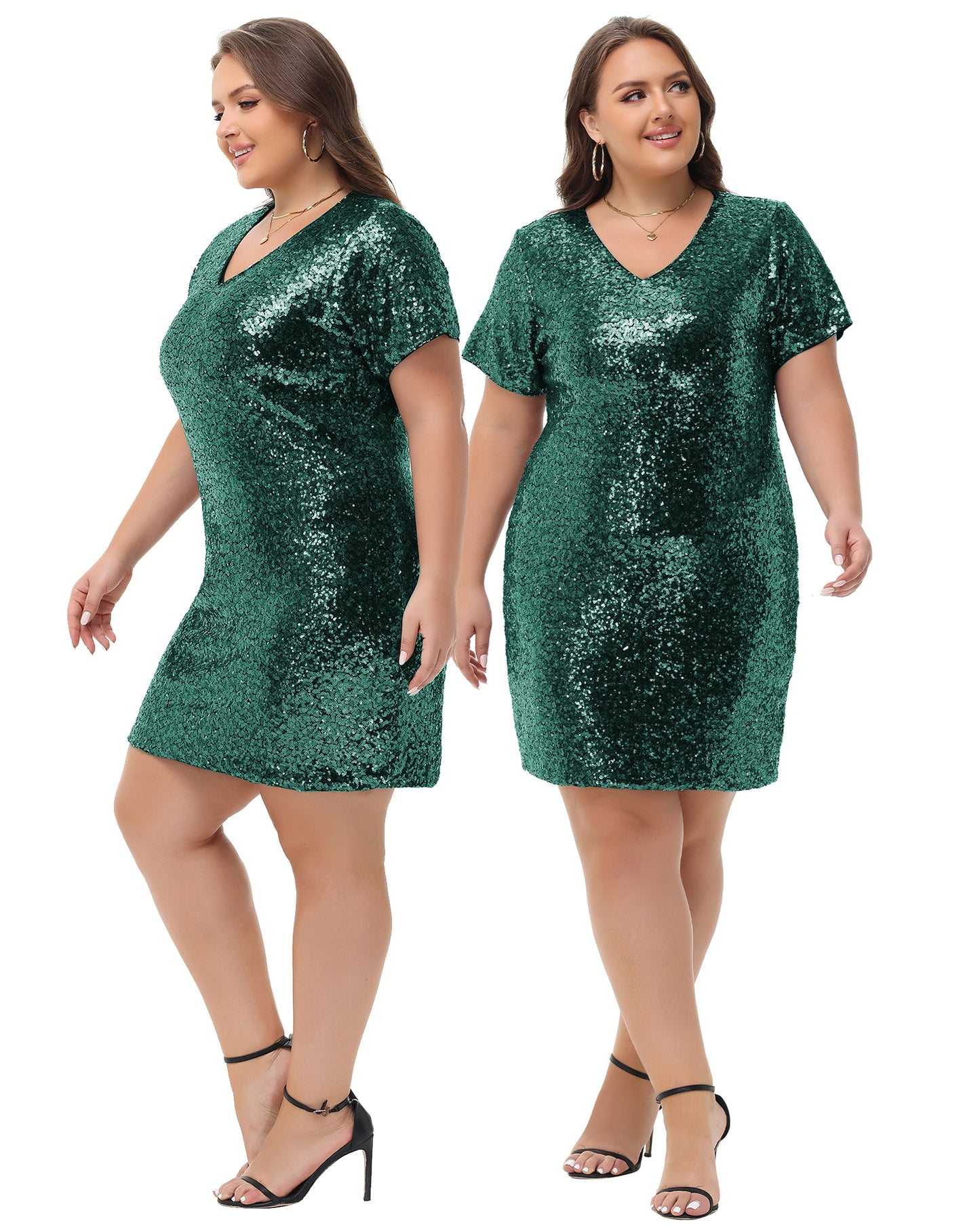 Anna-Kaci Womens Plus Size Short Sleeve Sequin Dresses V Neck T Shirt Shift Sparkle Dress