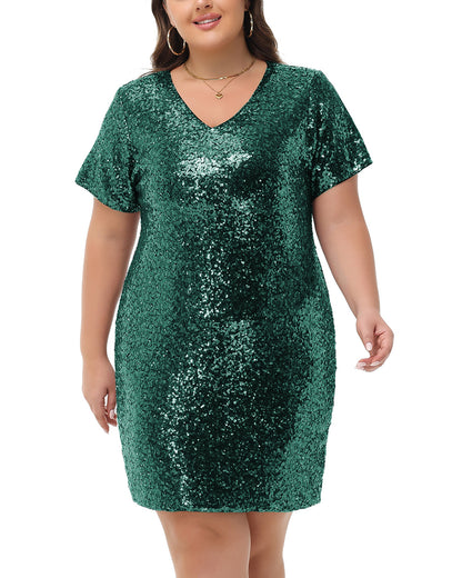 Anna-Kaci Womens Plus Size Short Sleeve Sequin Dresses V Neck T Shirt Shift Sparkle Dress