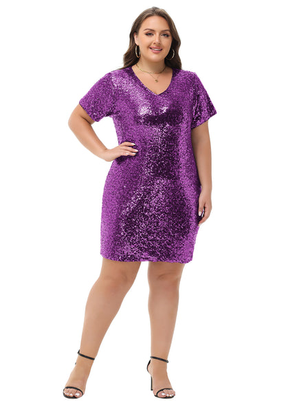 Anna-Kaci Womens Plus Size Short Sleeve Sequin Dresses V Neck T Shirt Shift Sparkle Dress
