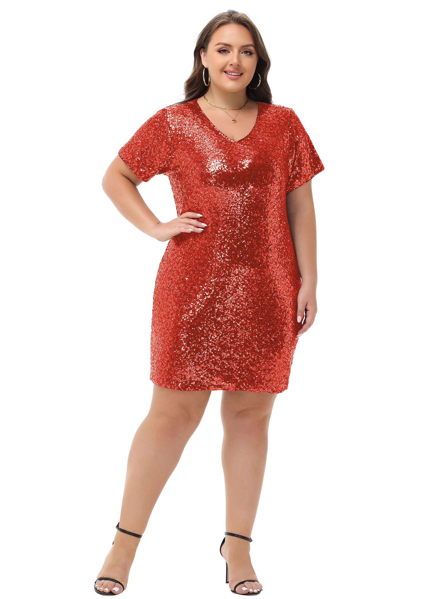 Anna-Kaci Womens Plus Size Short Sleeve Sequin Dresses V Neck T Shirt Shift Sparkle Dress