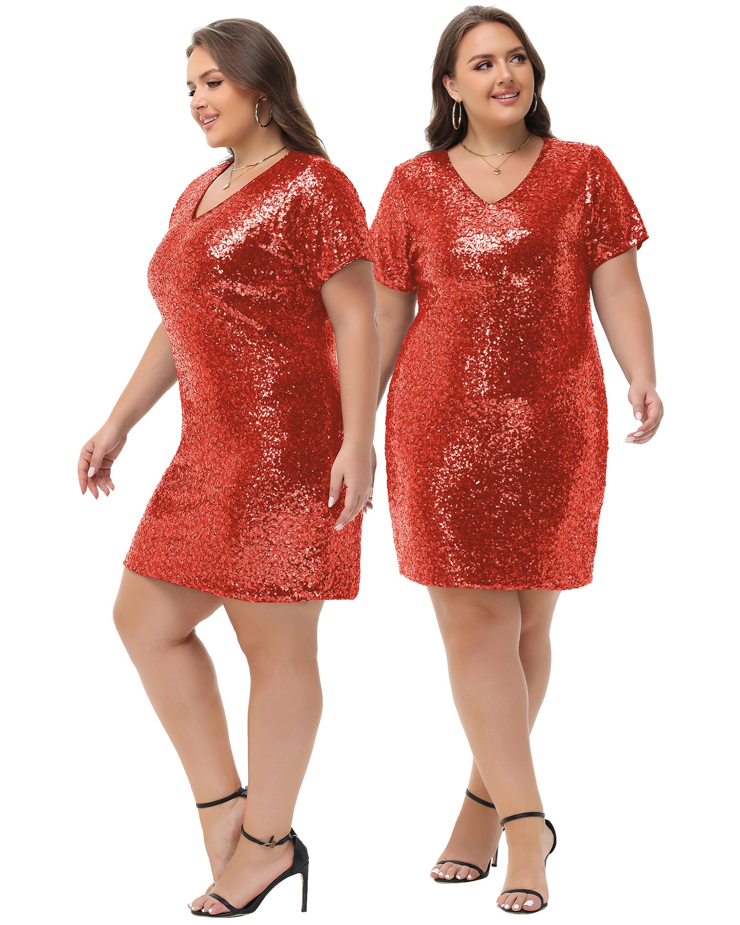 Anna-Kaci Womens Plus Size Short Sleeve Sequin Dresses V Neck T Shirt Shift Sparkle Dress