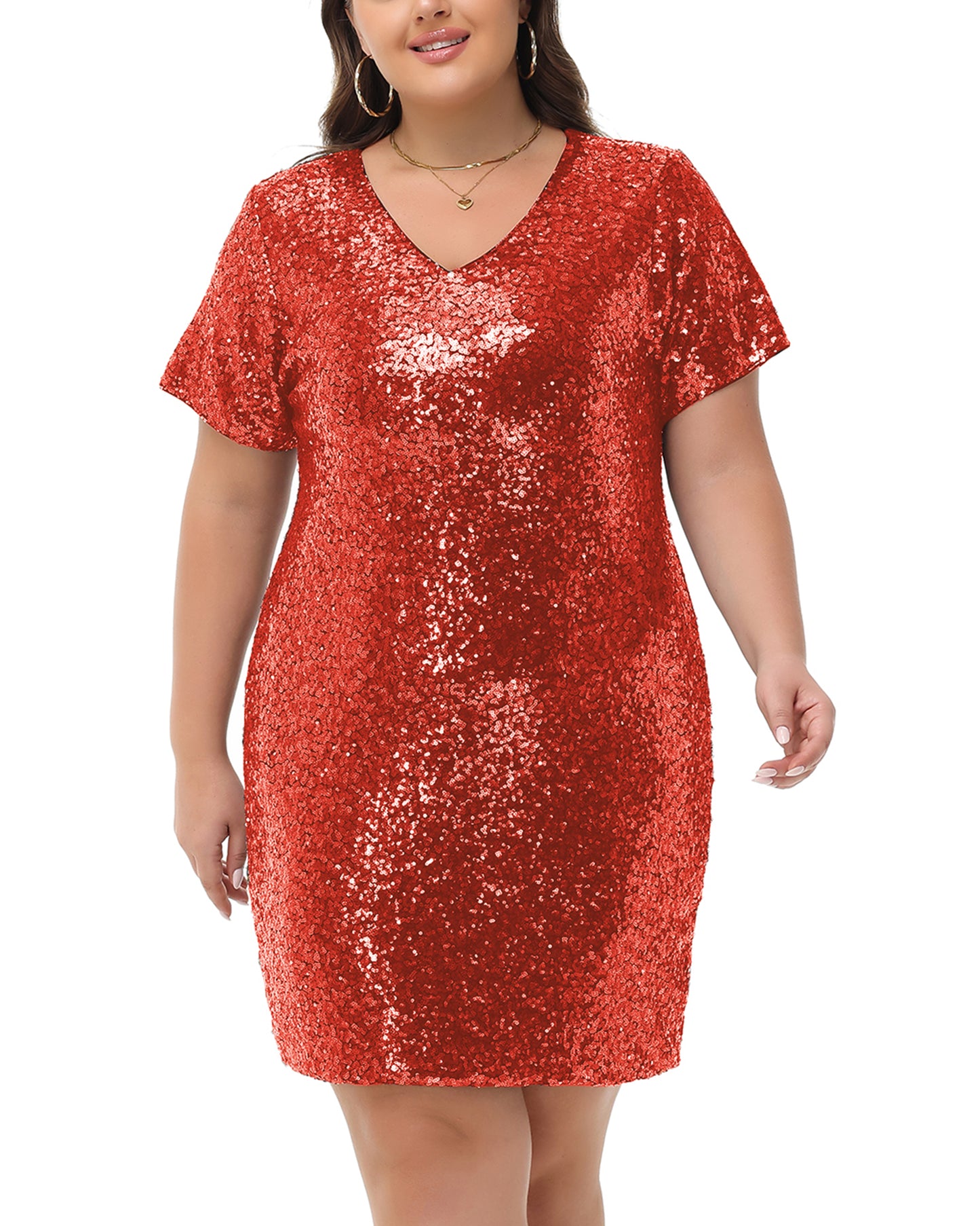 Anna-Kaci Womens Plus Size Short Sleeve Sequin Dresses V Neck T Shirt Shift Sparkle Dress