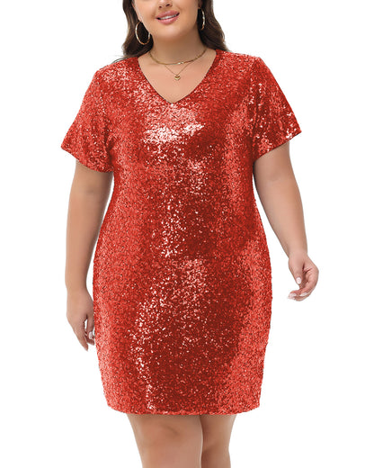 Anna-Kaci Womens Plus Size Short Sleeve Sequin Dresses V Neck T Shirt Shift Sparkle Dress