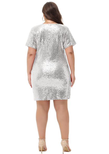 Anna-Kaci Womens Plus Size Short Sleeve Sequin Dresses V Neck T Shirt Shift Sparkle Dress
