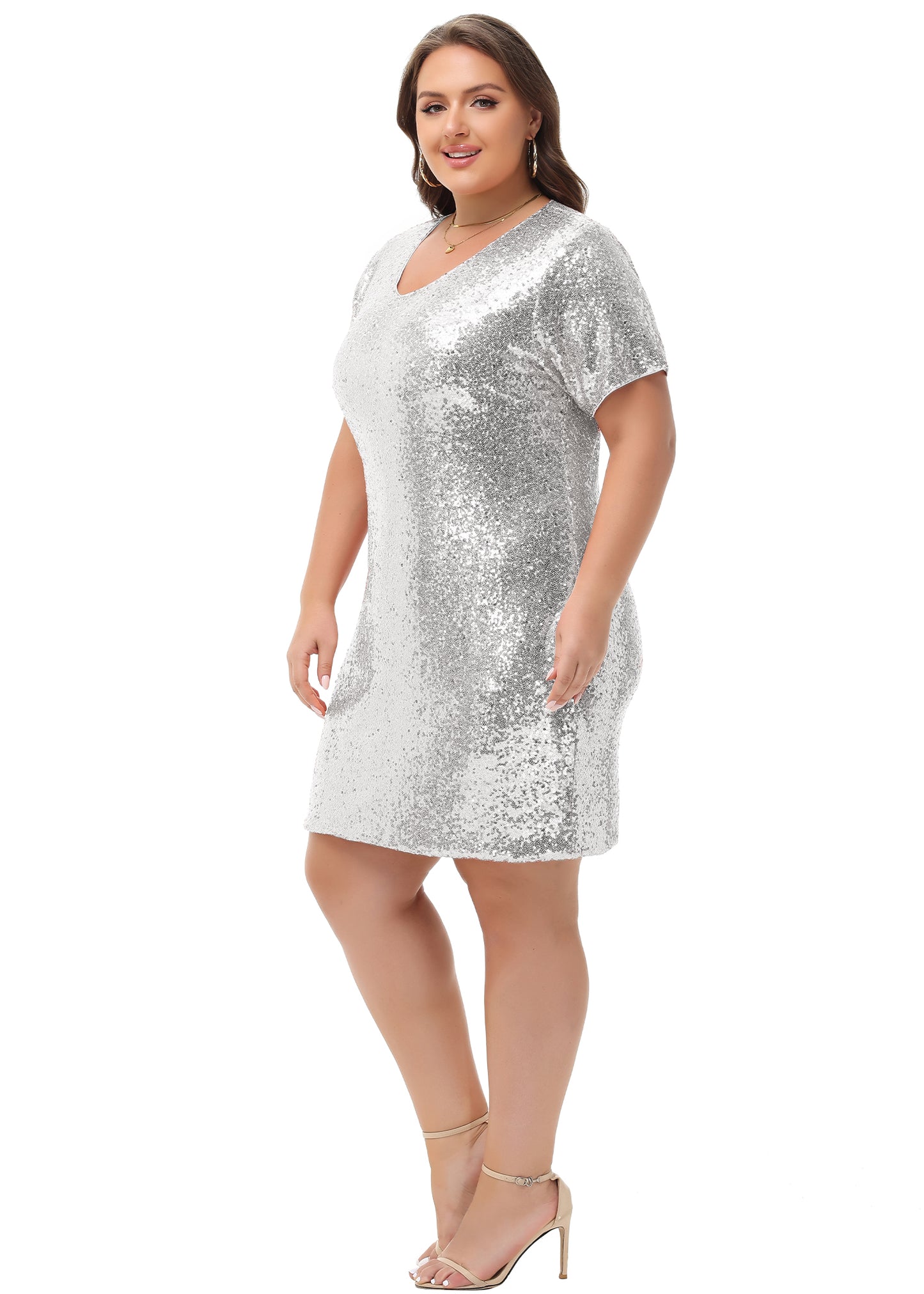 Anna-Kaci Womens Plus Size Short Sleeve Sequin Dresses V Neck T Shirt Shift Sparkle Dress