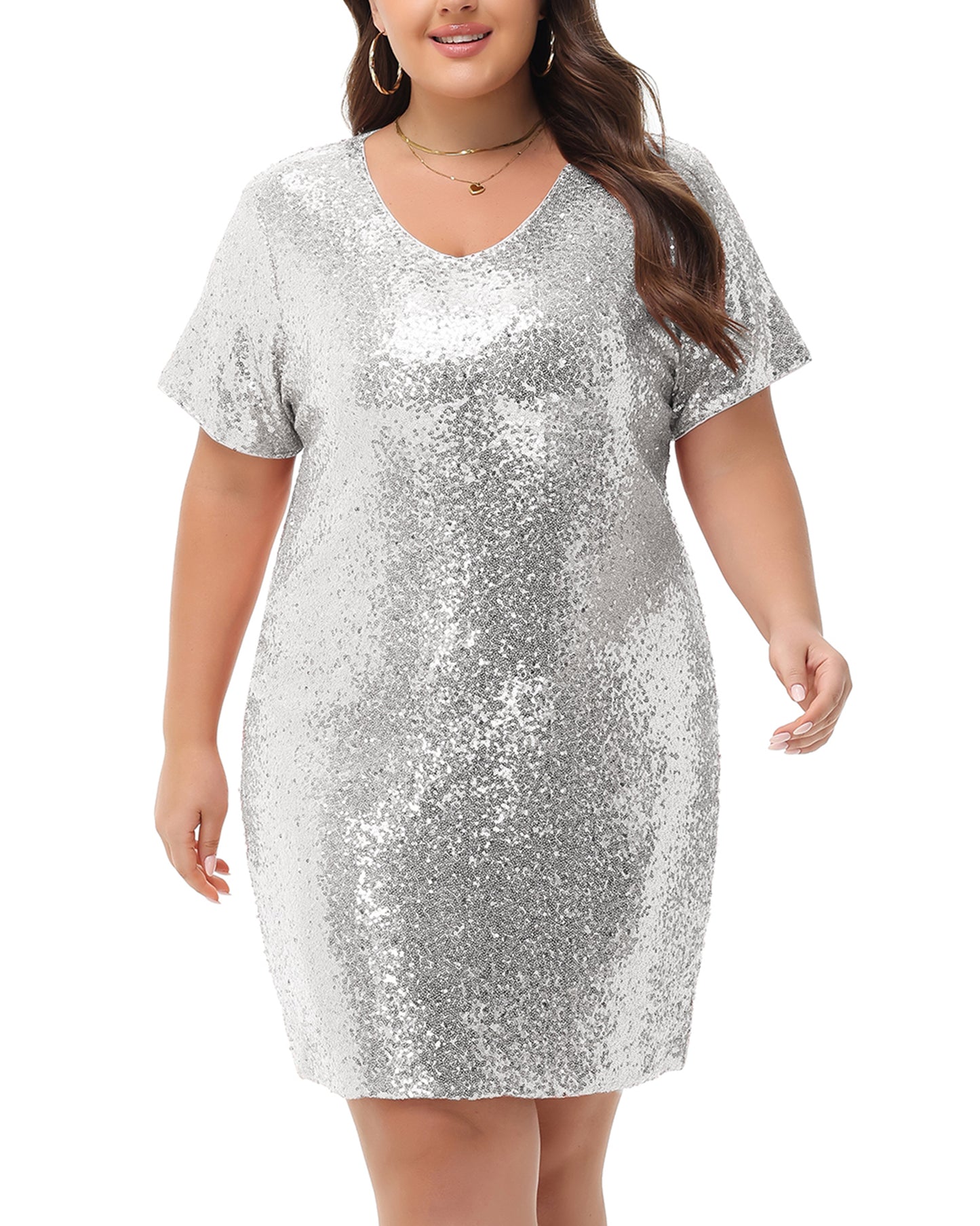 Anna-Kaci Womens Plus Size Short Sleeve Sequin Dresses V Neck T Shirt Shift Sparkle Dress