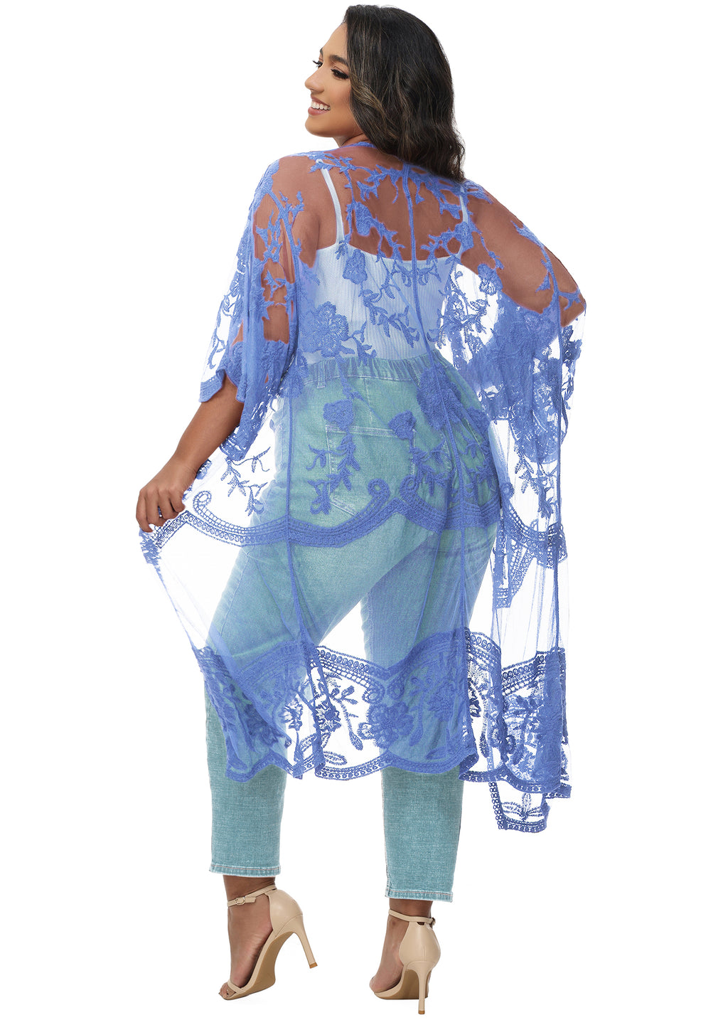Cárdigan de encaje de talla grande para mujer de Anna-Kaci, traje de baño de playa de crochet floral abierto al frente, kimono largo