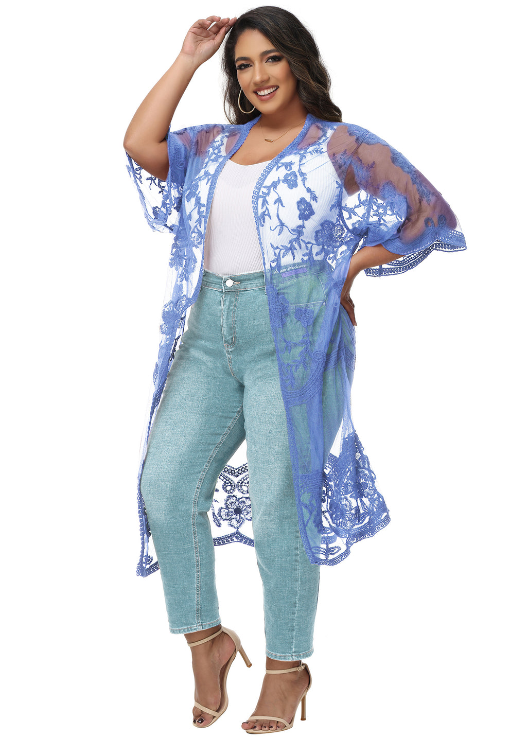 Cárdigan de encaje de talla grande para mujer de Anna-Kaci, traje de baño de playa de crochet floral abierto al frente, kimono largo