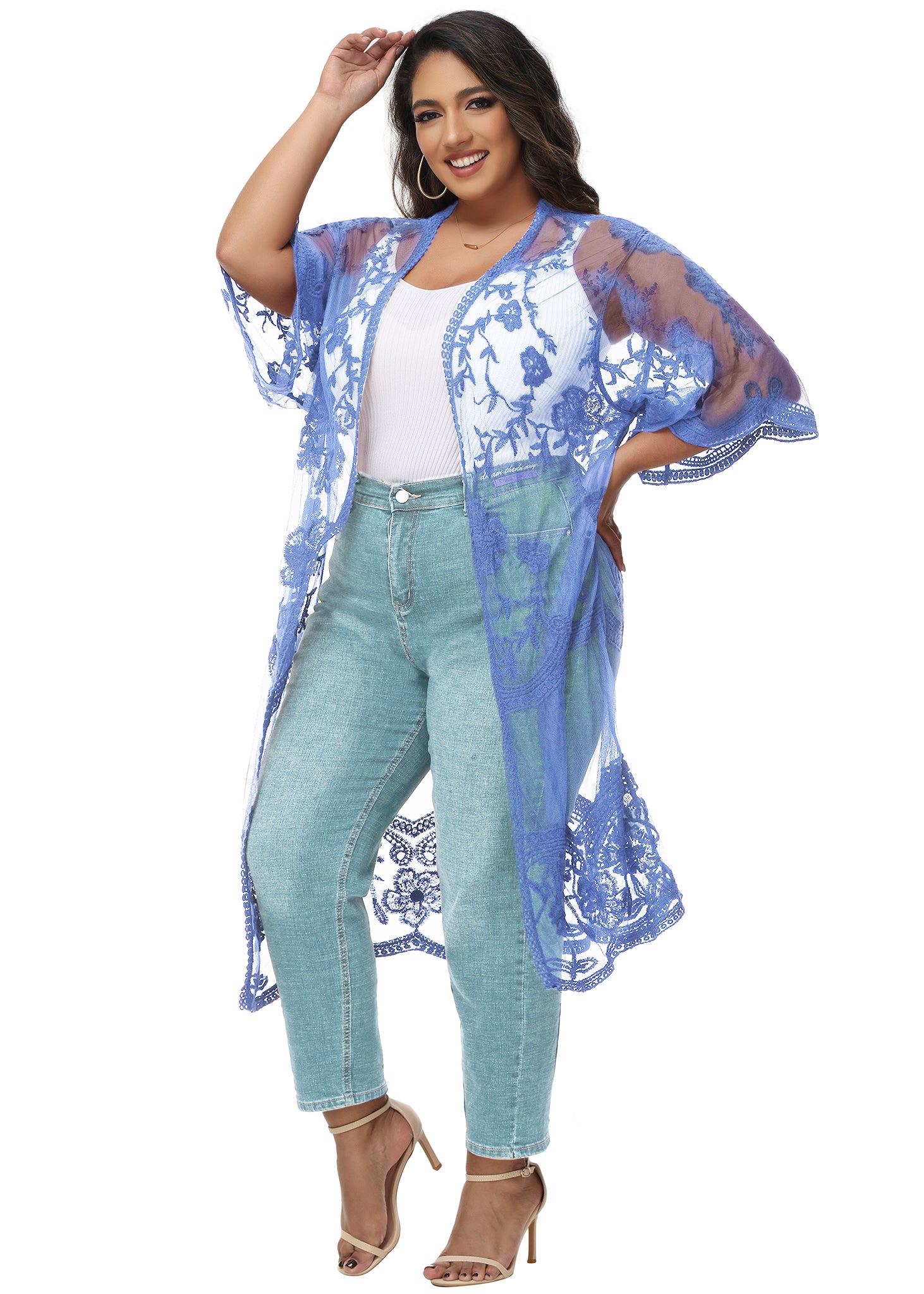 Cárdigan de encaje de talla grande para mujer de Anna-Kaci, traje de baño de playa de crochet floral abierto al frente, kimono largo
