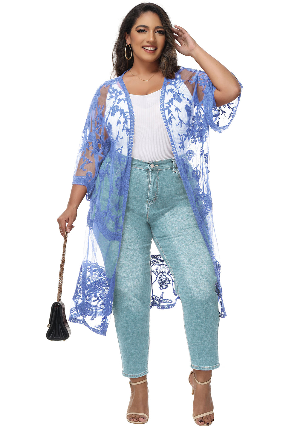 Cárdigan de encaje de talla grande para mujer de Anna-Kaci, traje de baño de playa de crochet floral abierto al frente, kimono largo
