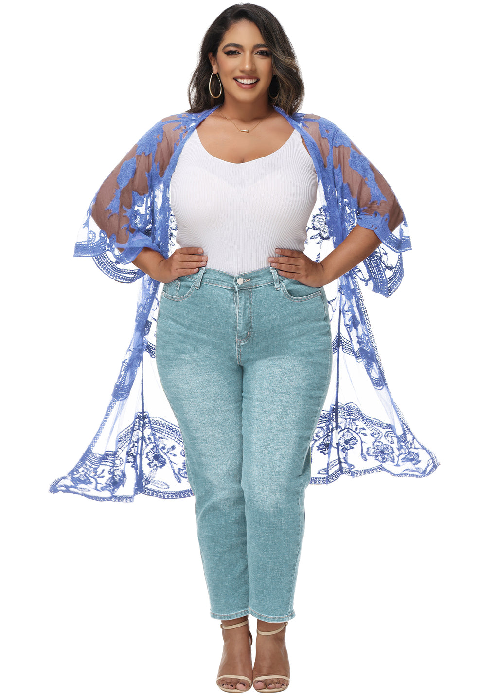 Cárdigan de encaje de talla grande para mujer de Anna-Kaci, traje de baño de playa de crochet floral abierto al frente, kimono largo