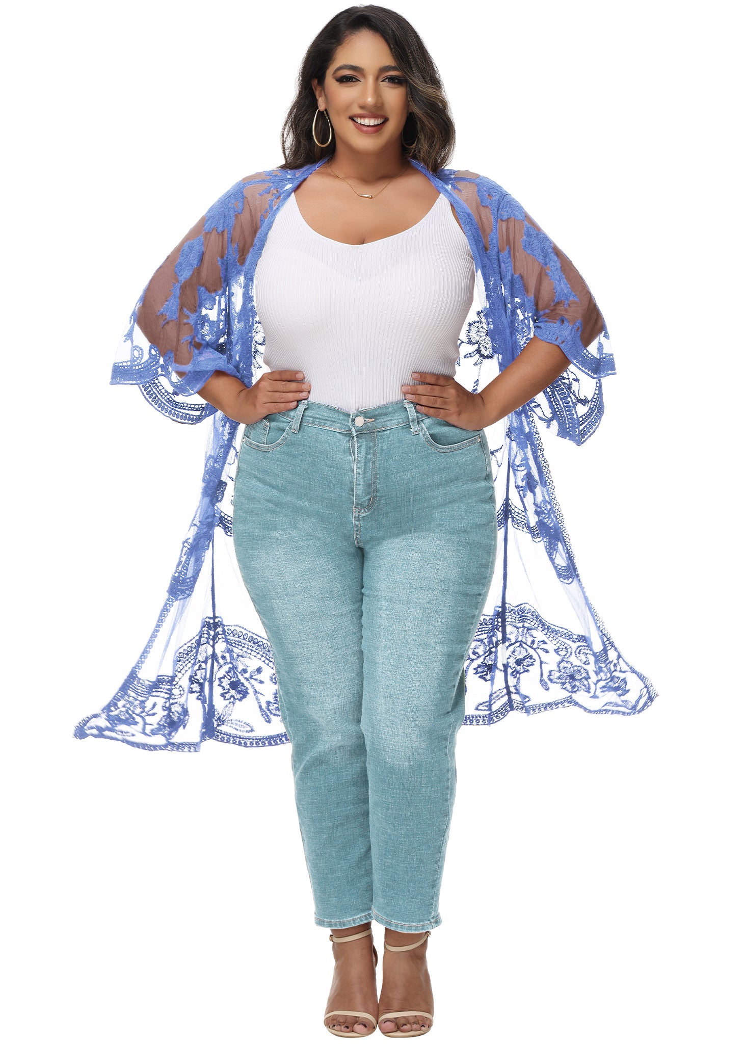 Cárdigan de encaje de talla grande para mujer de Anna-Kaci, traje de baño de playa de crochet floral abierto al frente, kimono largo