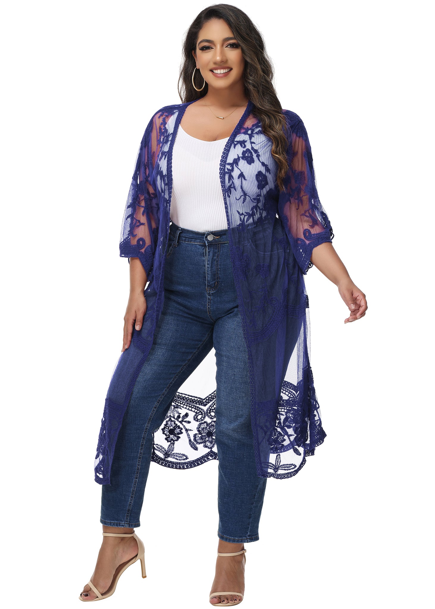 Cárdigan de encaje de talla grande para mujer de Anna-Kaci, traje de baño de playa de crochet floral abierto al frente, kimono largo