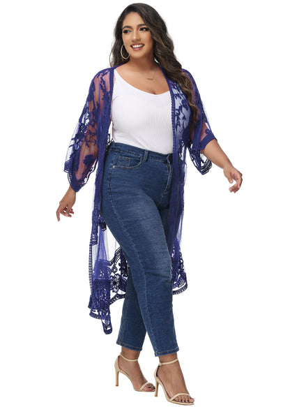 Anna-Kaci Women's Plus Size Lace Cardigan Open Front Floral Crochet Beach Swimsuit Cover Ups Long Kimono