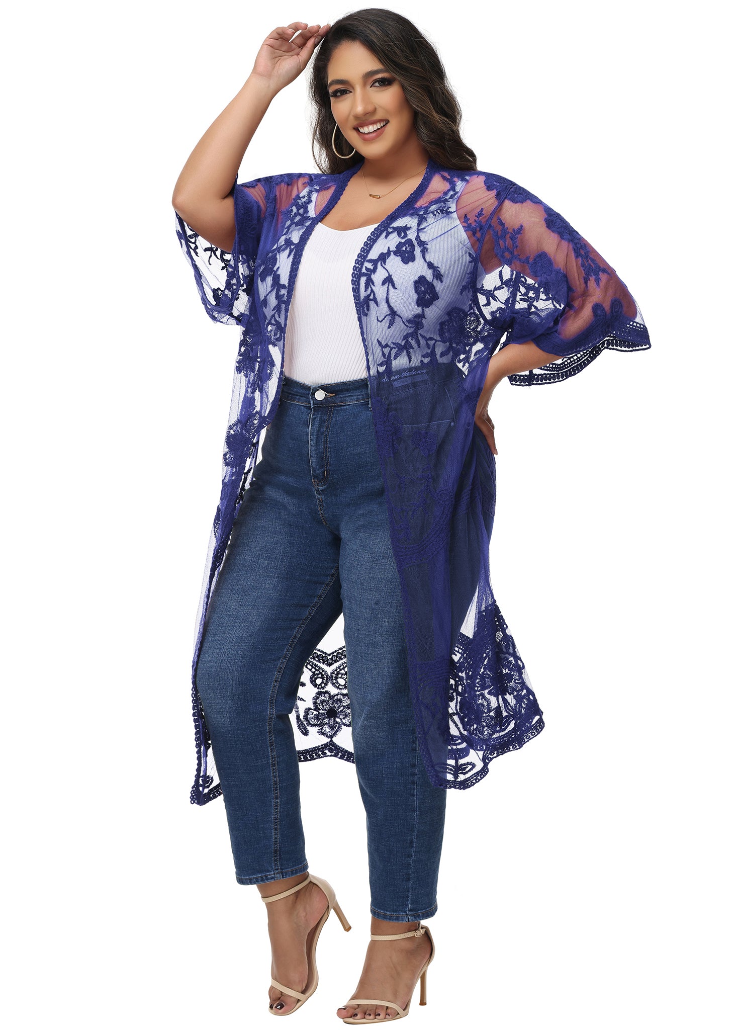 Cárdigan de encaje de talla grande para mujer de Anna-Kaci, traje de baño de playa de crochet floral abierto al frente, kimono largo