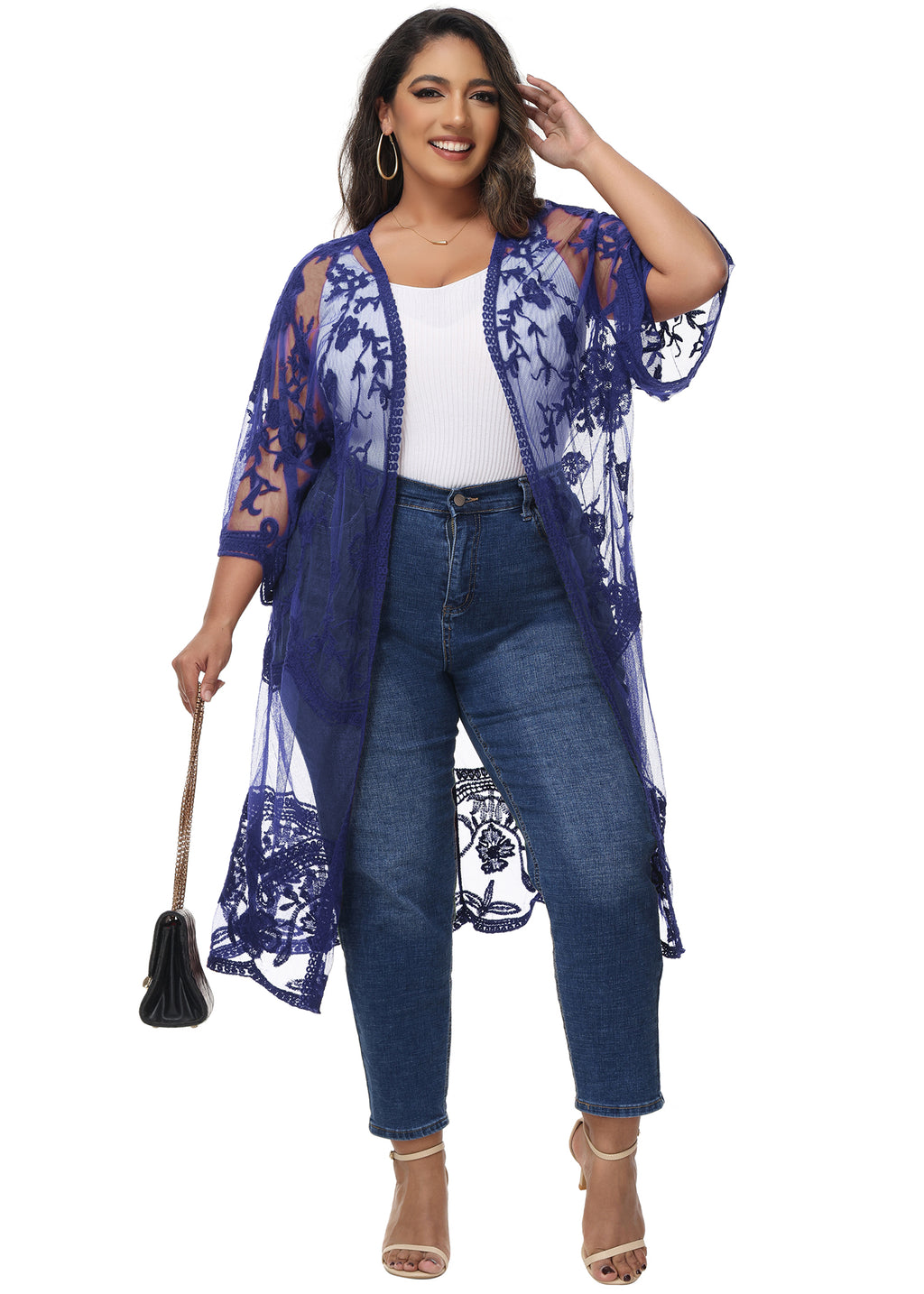 Cárdigan de encaje de talla grande para mujer de Anna-Kaci, traje de baño de playa de crochet floral abierto al frente, kimono largo