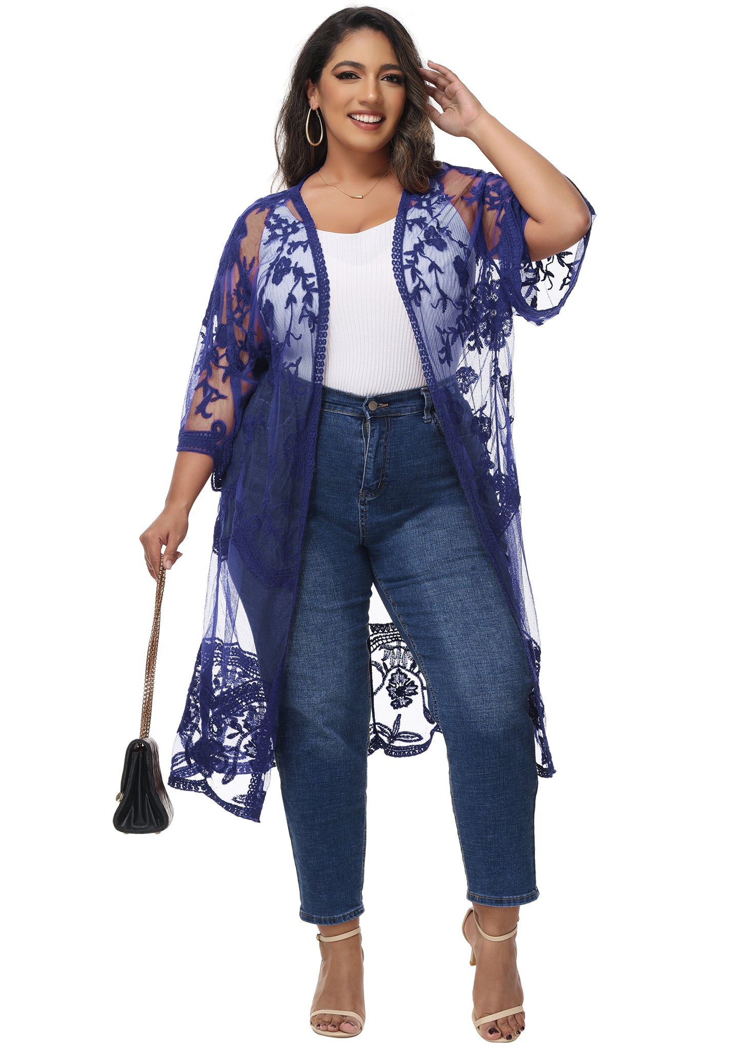 Cárdigan de encaje de talla grande para mujer de Anna-Kaci, traje de baño de playa de crochet floral abierto al frente, kimono largo