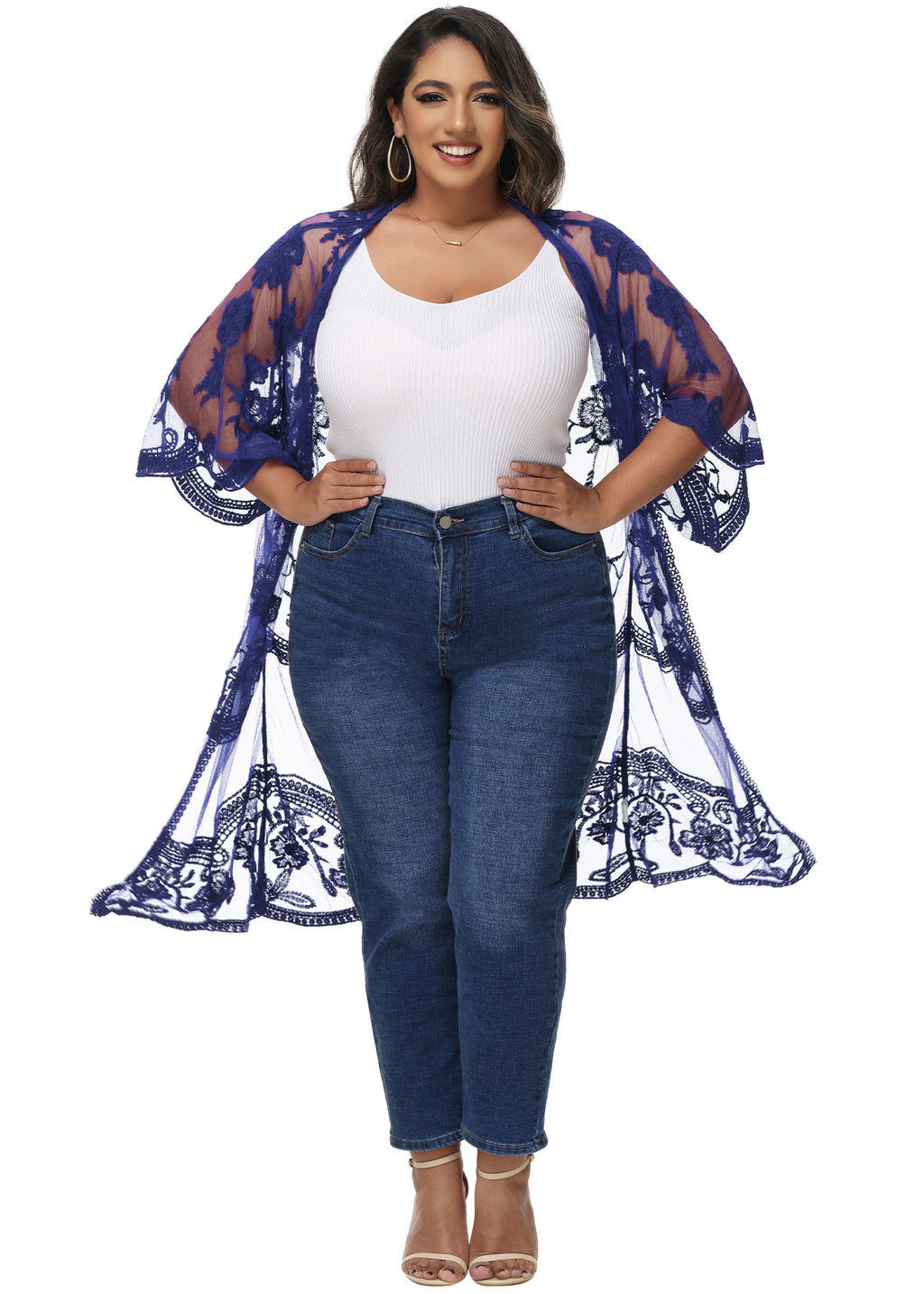 Cárdigan de encaje de talla grande para mujer de Anna-Kaci, traje de baño de playa de crochet floral abierto al frente, kimono largo