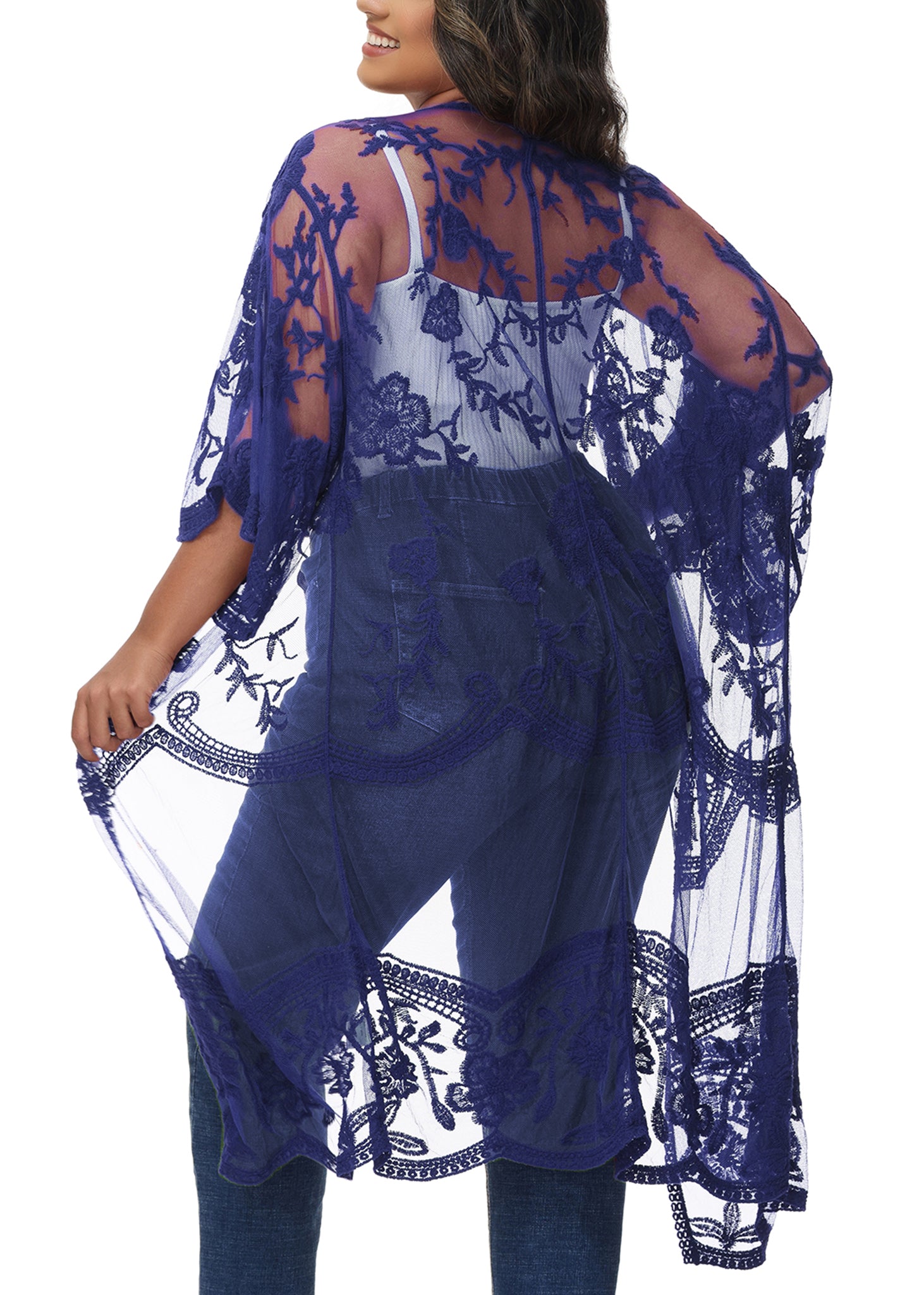 Cárdigan de encaje de talla grande para mujer de Anna-Kaci, traje de baño de playa de crochet floral abierto al frente, kimono largo