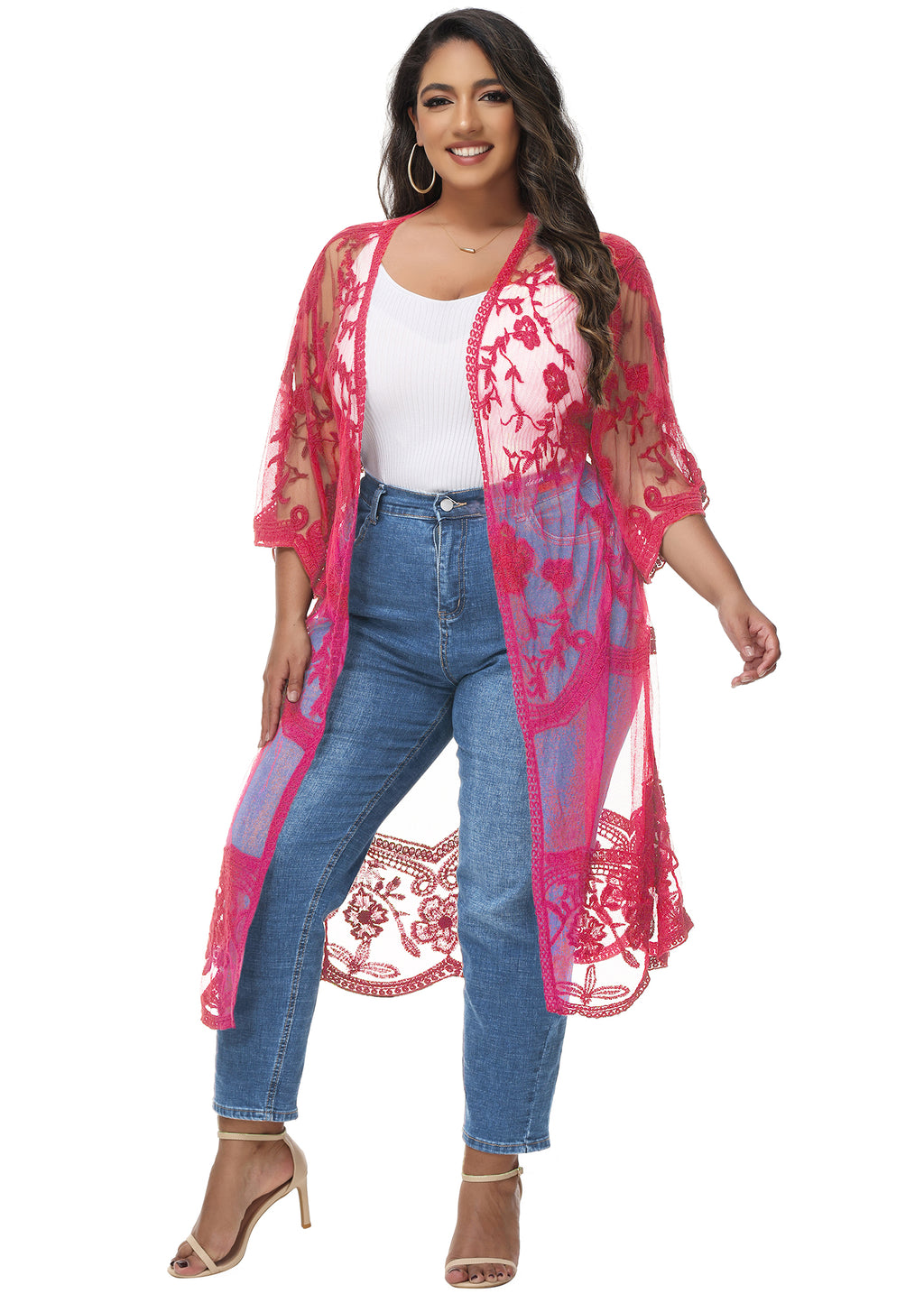 Cárdigan de encaje de talla grande para mujer de Anna-Kaci, traje de baño de playa de crochet floral abierto al frente, kimono largo
