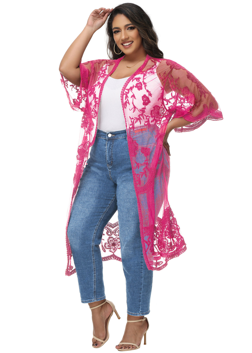 Cárdigan de encaje de talla grande para mujer de Anna-Kaci, traje de baño de playa de crochet floral abierto al frente, kimono largo