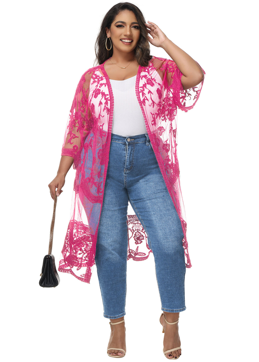 Cárdigan de encaje de talla grande para mujer de Anna-Kaci, traje de baño de playa de crochet floral abierto al frente, kimono largo