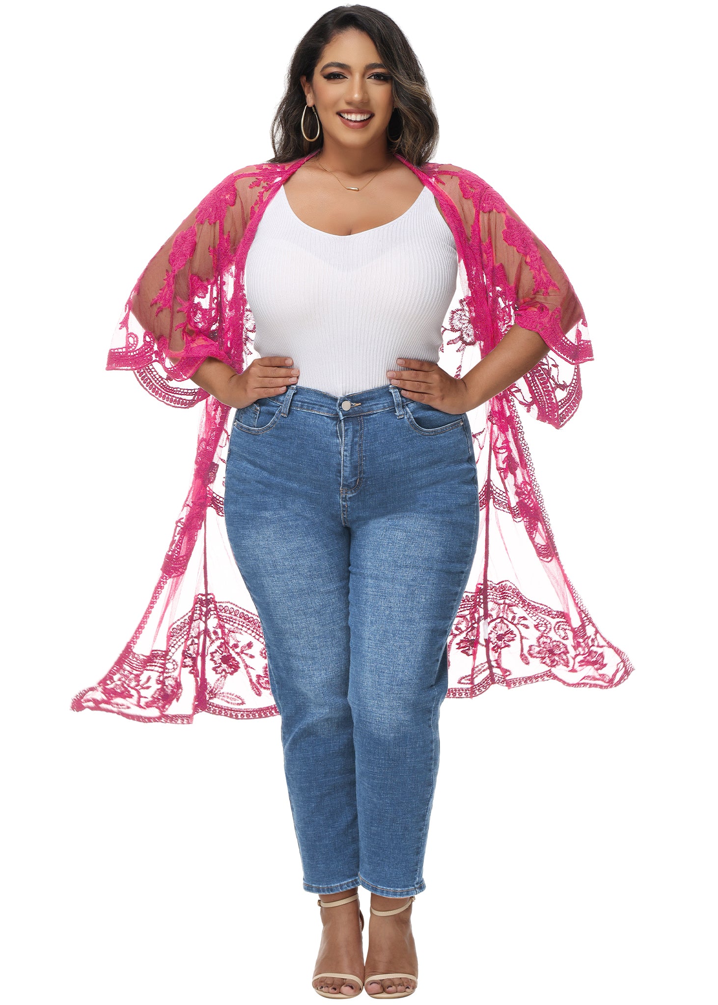 Cárdigan de encaje de talla grande para mujer de Anna-Kaci, traje de baño de playa de crochet floral abierto al frente, kimono largo