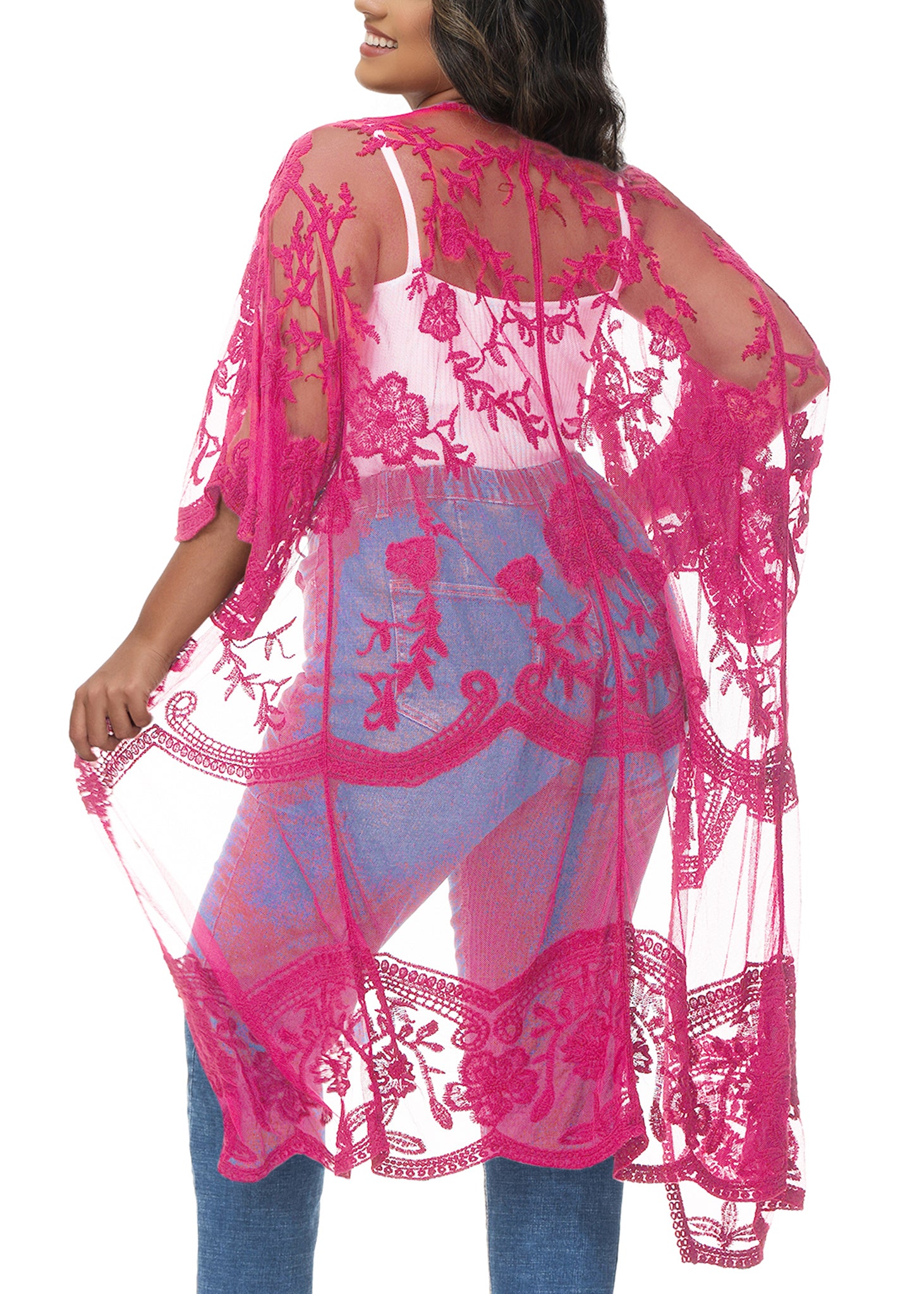 Cárdigan de encaje de talla grande para mujer de Anna-Kaci, traje de baño de playa de crochet floral abierto al frente, kimono largo