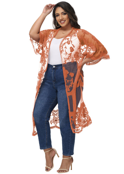 Anna-Kaci Women's Plus Size Lace Cardigan Open Front Floral Crochet Beach Swimsuit Cover Ups Long Kimono