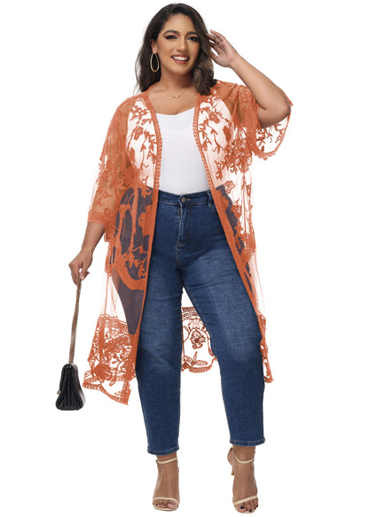 Anna-Kaci Women's Plus Size Lace Cardigan Open Front Floral Crochet Beach Swimsuit Cover Ups Long Kimono