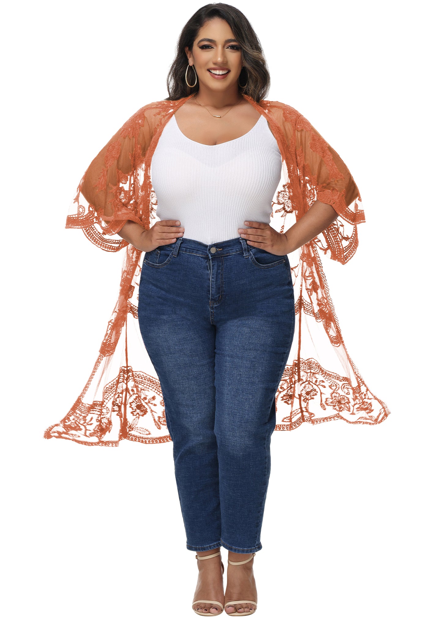 Anna-Kaci Women's Plus Size Lace Cardigan Open Front Floral Crochet Beach Swimsuit Cover Ups Long Kimono