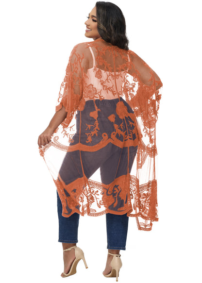 Anna-Kaci Women's Plus Size Lace Cardigan Open Front Floral Crochet Beach Swimsuit Cover Ups Long Kimono