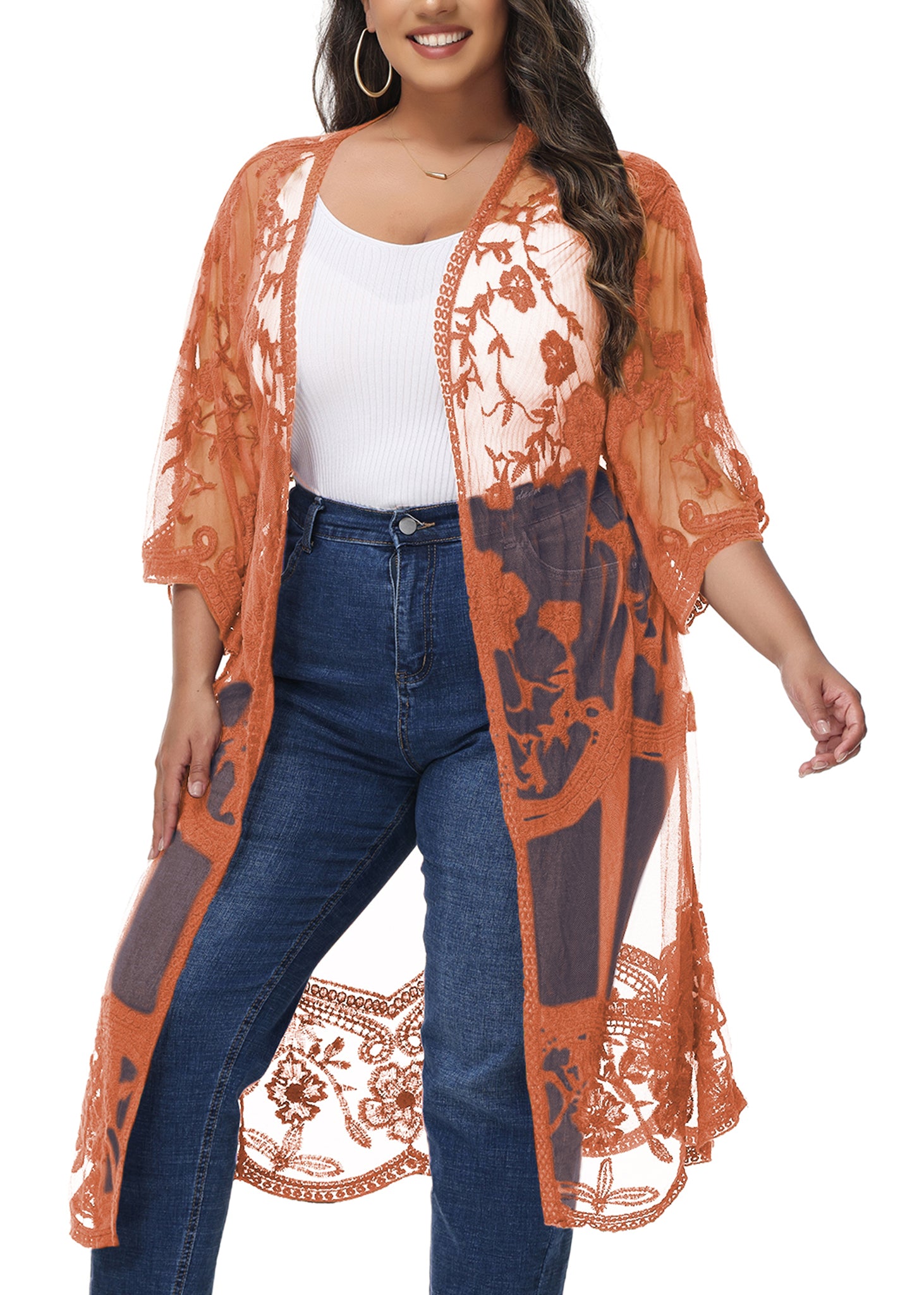 Cárdigan de encaje de talla grande para mujer de Anna-Kaci, traje de baño de playa de crochet floral abierto al frente, kimono largo