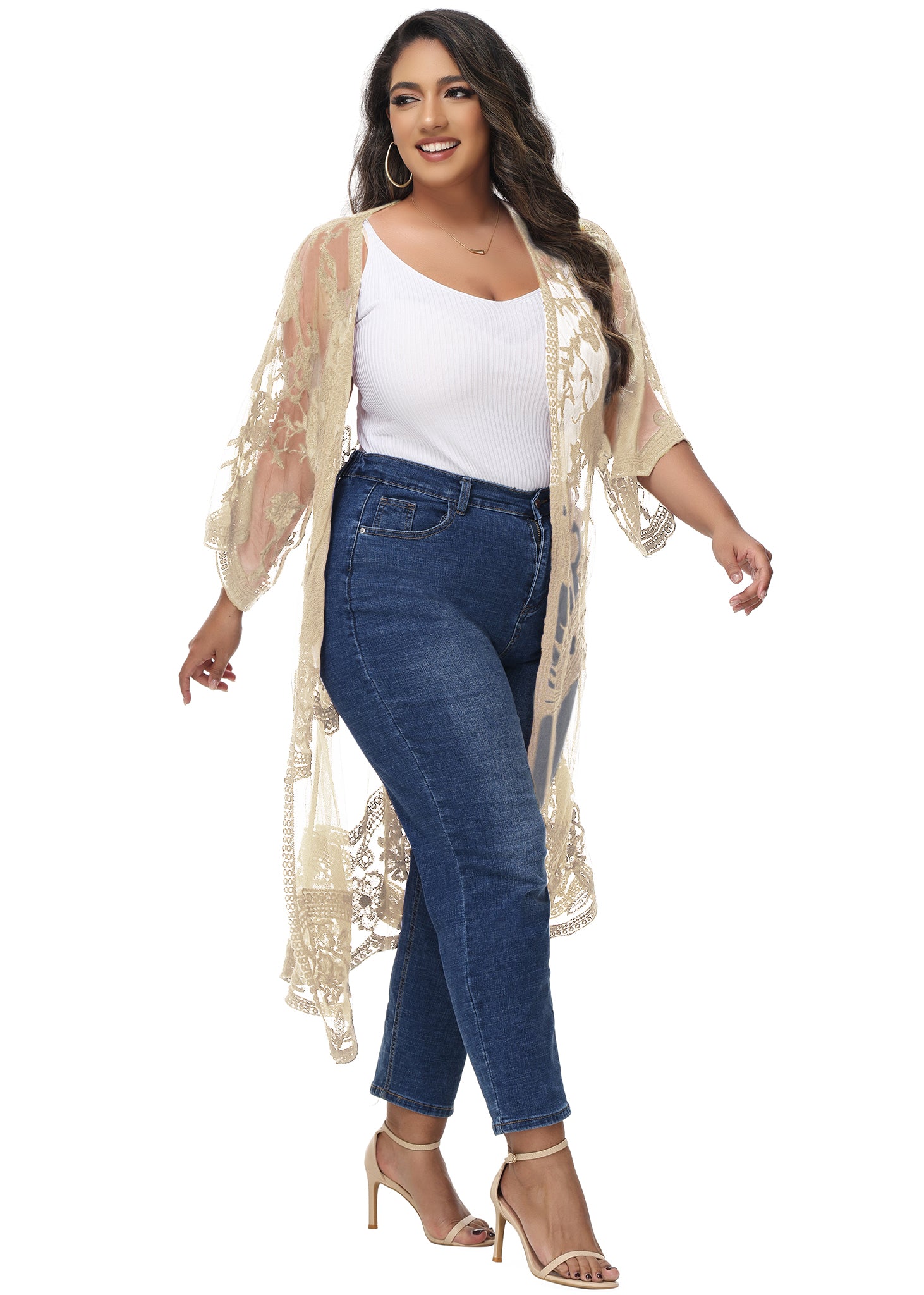 Cárdigan de encaje de talla grande para mujer de Anna-Kaci, traje de baño de playa de crochet floral abierto al frente, kimono largo