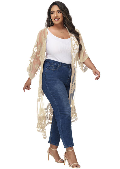 Anna-Kaci Women's Plus Size Lace Cardigan Open Front Floral Crochet Beach Swimsuit Cover Ups Long Kimono