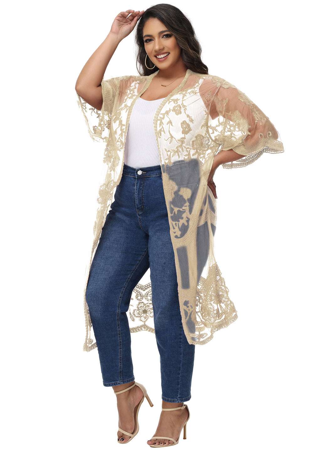 Cárdigan de encaje de talla grande para mujer de Anna-Kaci, traje de baño de playa de crochet floral abierto al frente, kimono largo