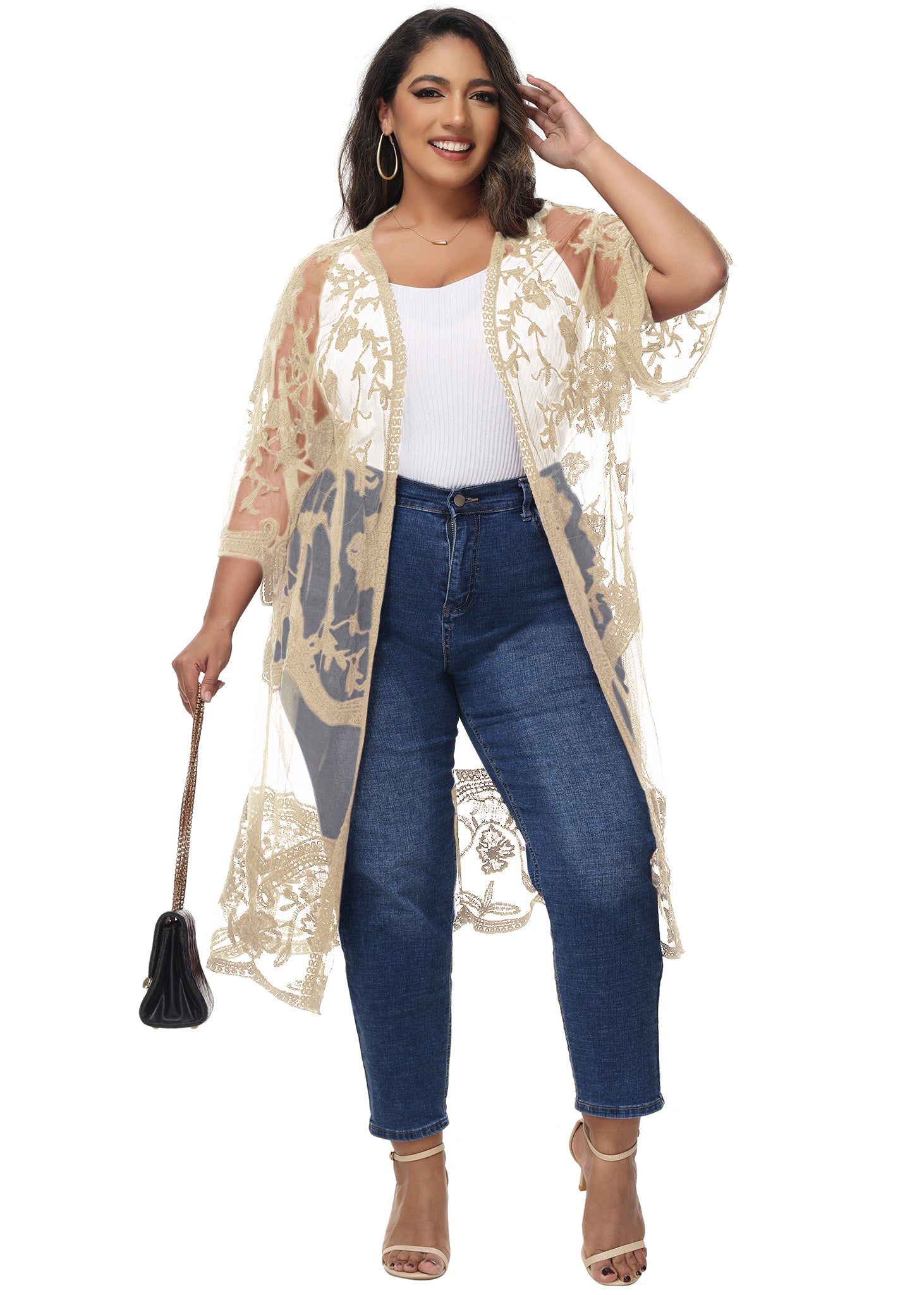 Cárdigan de encaje de talla grande para mujer de Anna-Kaci, traje de baño de playa de crochet floral abierto al frente, kimono largo