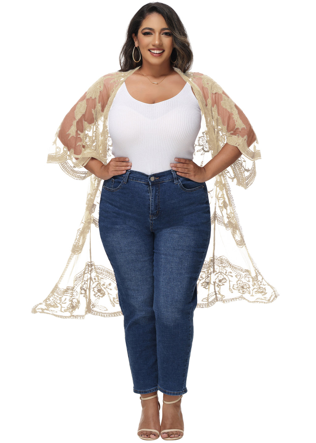 Cárdigan de encaje de talla grande para mujer de Anna-Kaci, traje de baño de playa de crochet floral abierto al frente, kimono largo